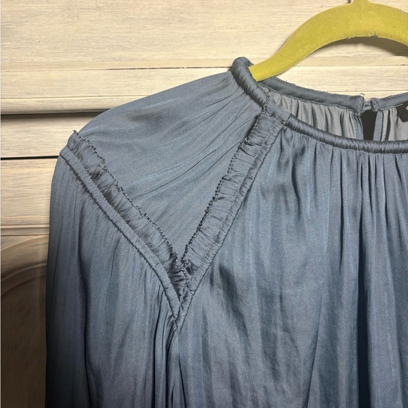 Current Air Slate Blue Ruffle Detail Pleated Satin Blouse Office Stylish Classic - Picture 6 of 11